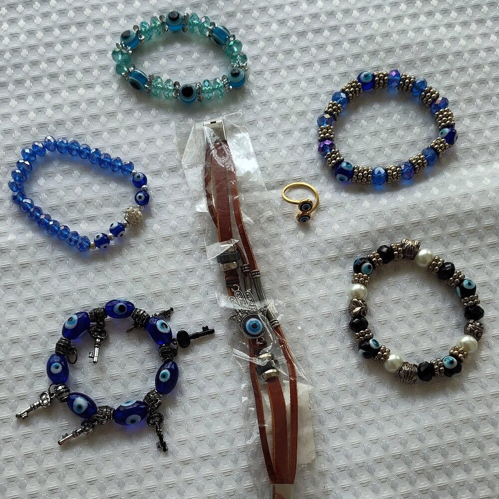 Evil Eye, Jewelry Lot, Beaded Stretch Bracelets, Ring, 7pcs.